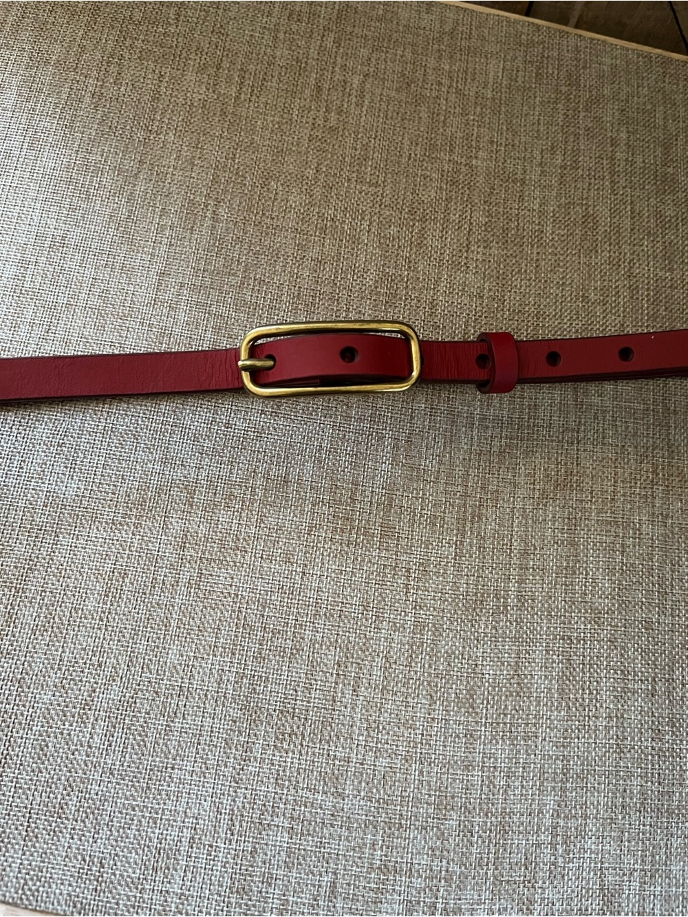 Express Red Leather Belt with Gold Rectangular Buckle